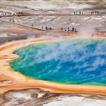 Bird's eye view of Grand Prismatic Spring in Yellowstone National Park. 